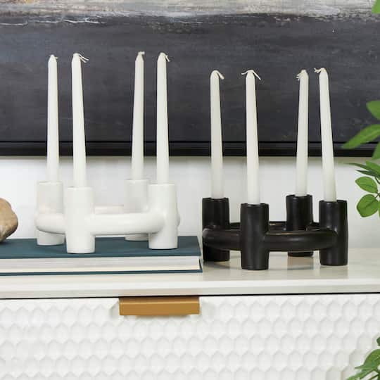CosmoLiving by Cosmopolitan 8" Black & White Ceramic Geometric Circle Taper Candle Holder Set